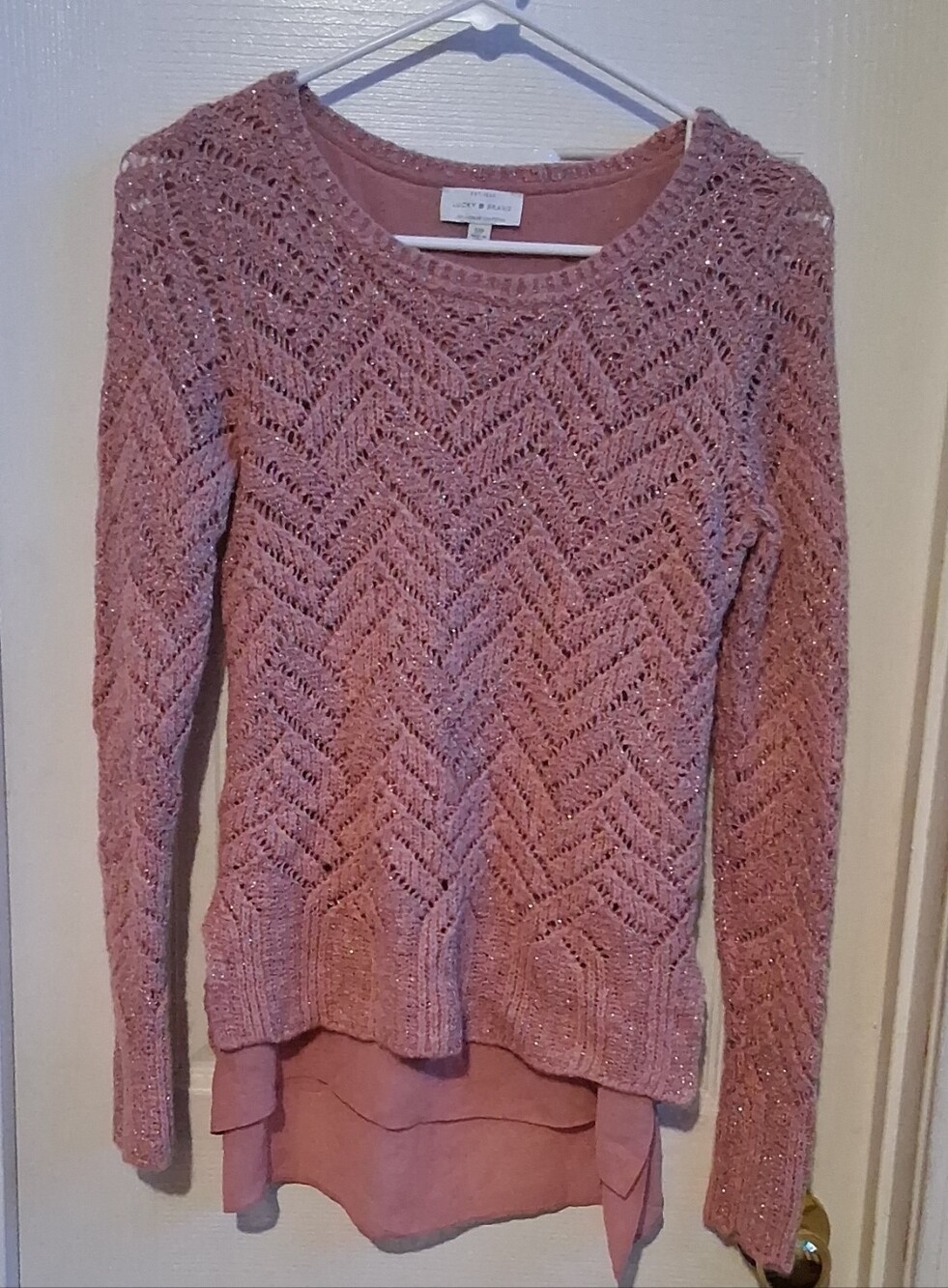 Lucky Brand Pink Open-Knit Chevron Layered Crew Sweater